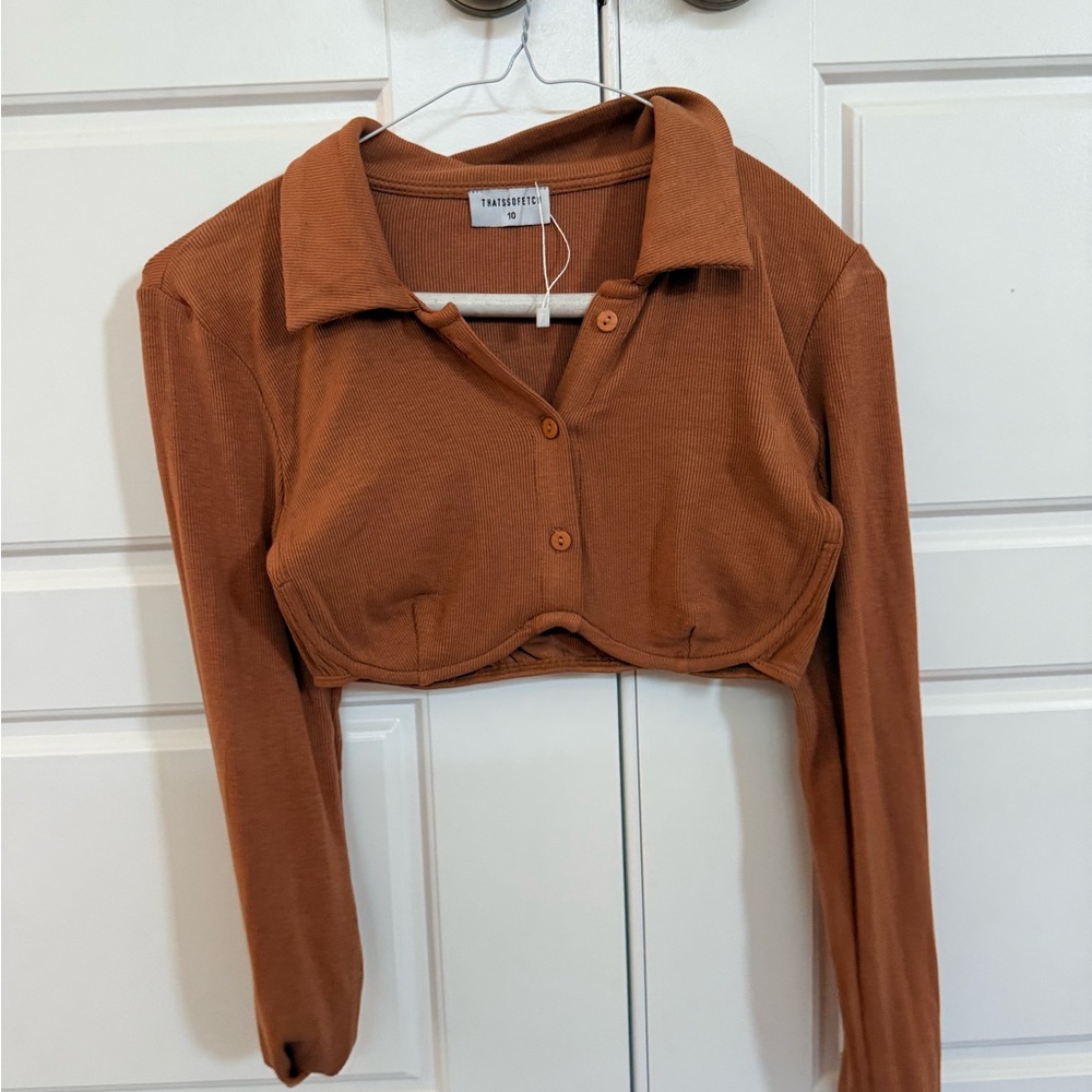 Brown Long Sleeve Cropped Button Down Top